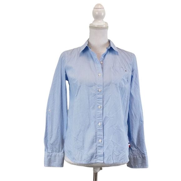 Tommy Hilfiger Tops - TOMMY HILFOGER Light Blue Pen Stripe Button Down Shirt Sz XS TP 100% Cotton